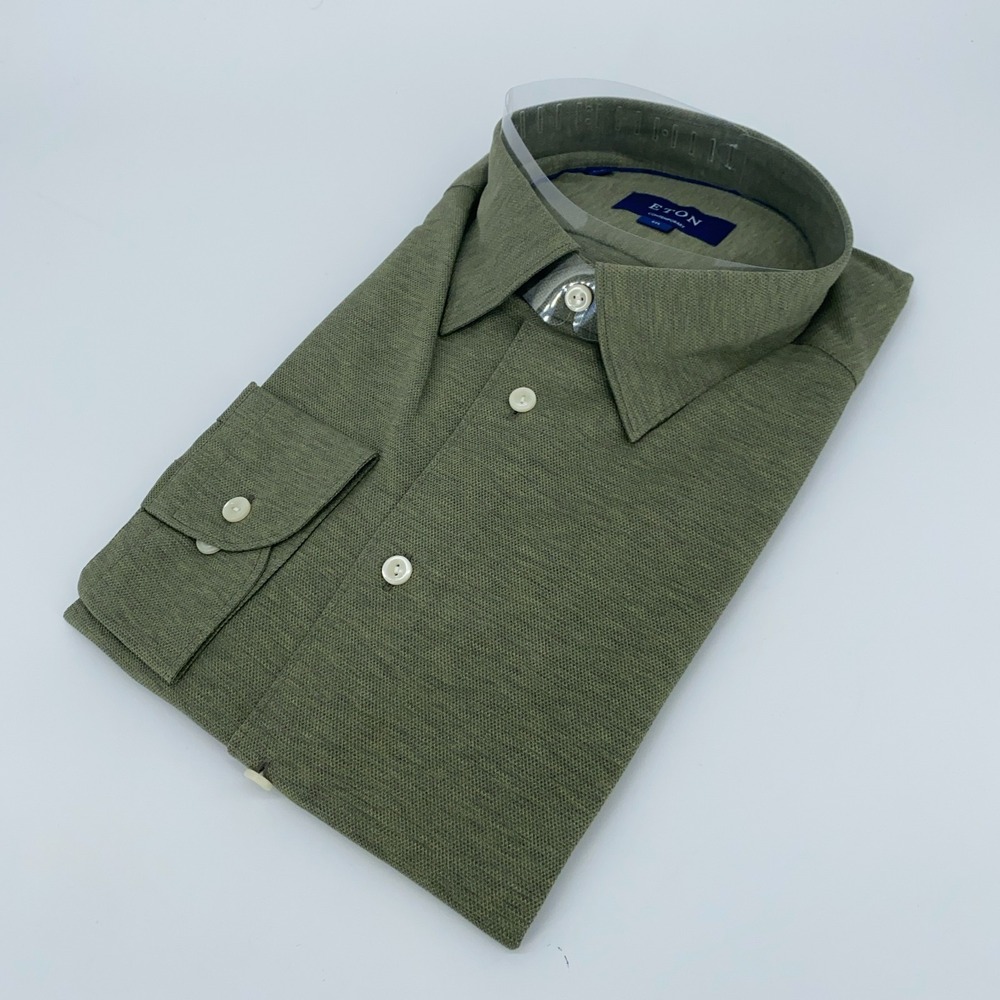 Eton Dress Shirt Mens 2XL Green Pique Formal Contemporary Fit Collared Button Up